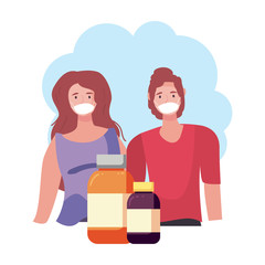 Man and woman with masks and medicine jars vector design