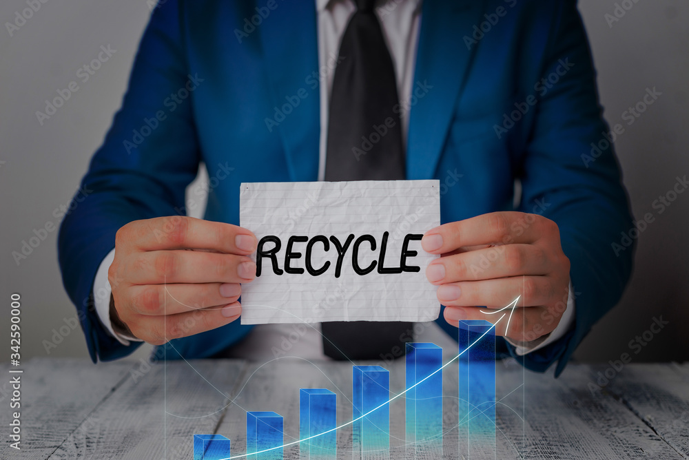 Poster word writing text recycle. business photo showcasing ocess of converting waste materials into new ma
