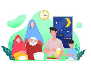 Moslem Families Dinner Together at the Dining Table Vector. Illustration Eps 10