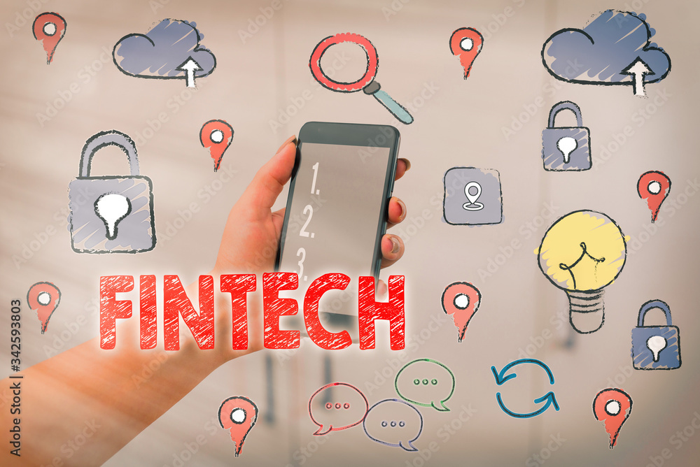 Poster text sign showing fintech. business photo text computer programs and other technology supporting fin