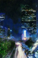 City center landscape at night Illustrations creates an impressionist style of painting.
