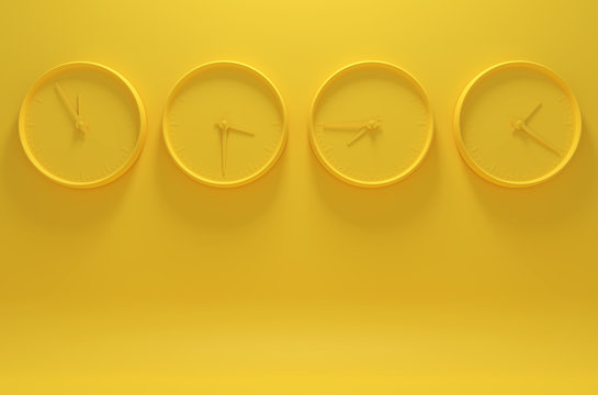 Monochrome yellow image with four clocks showing different time on a solid background. 3D illustration