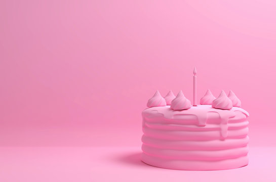 Monochrome pink image with a birthday cake on a solid background. 3D illustration