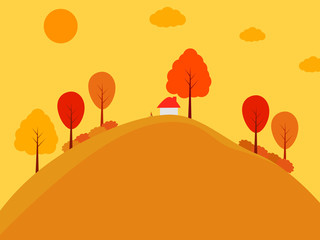 Vector draw graphic flat design art house on top mountain in sunlight red and orange warm tone, landscapes tiny people and dog walk autumn season tree and sky red orange color in nature 