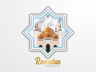 Ramadan Kareem islamic greeting design, realistic mosque design with marbel background. copy space text, vector illustration.