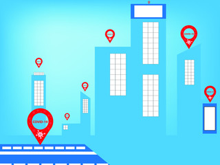 Illustration vector of COVID-19 check in signage in high tower city in bright day and mass transportation, crowded area and mass transportation are key factors of virus spreading