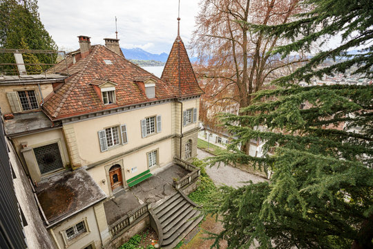 View from the ancient Musegg Wall. Beautiful historical building. Town of Luzern, canton of Luzern, Switzerland, Europe.