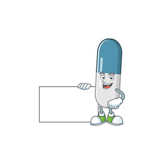 Vitamin pills cartoon character concept Thumbs up having a white board
