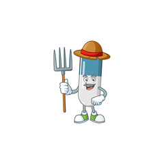 Mascot design style of Farmer vitamin pills with hat and pitchfork