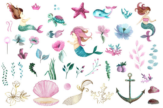 Watercolor Little Mermaid hand painted collection with 3 cute little mermaids, sea turtle, whale, starfish, corals, seaweed, flowers, shells, anchor, fish