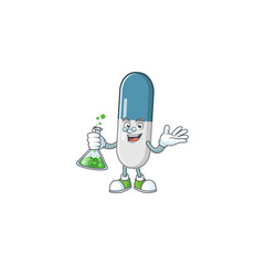 Vitamin pills genius Professor Cartoon character holding glass tube