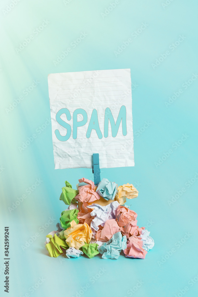 Poster writing note showing spam. business concept for intrusive advertising inappropriate messages sent on