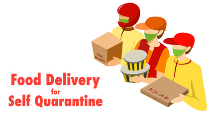 Food delivery service for self quarantine to protect yourself and prevent spreading of COVID-19. Male delivery men delivery different packages, wearing protective mask. Vector illustration,Flat design