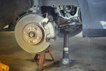 Brake disk and detail of a wheel hub.Disc brake of the vehicle for repair, in process of new tire...