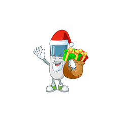 Santa vitamin pills Cartoon character design with sacks of gifts