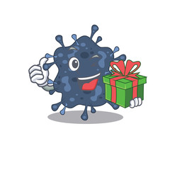Smiling bacteria neisseria cartoon character having a green gift box