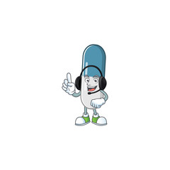 Vitamin pills cartoon character style speaking on headphone