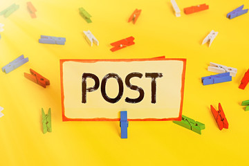 Conceptual hand writing showing Post. Concept meaning a piece of writing, image, or other item of...