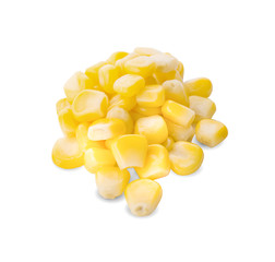 Yellow natural corn seeds isolated on white background. macro