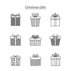Nine line icons of gift boxes on white background