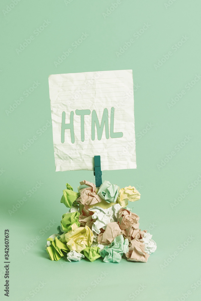 Aufkleber writing note showing html. business concept for the lingua franca for publishing hypertext on the wo