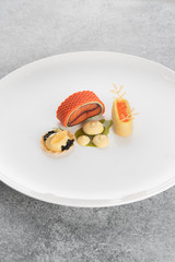
Molecular cuisine of a professional chef for a gourmet restaurant - a fish dish