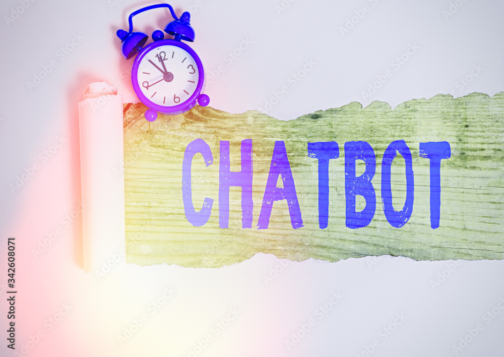 Poster writing note showing chatbot. business concept for a kind of computer program that simulates convers