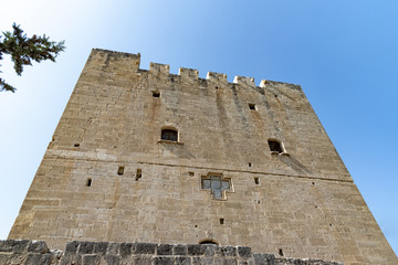 Fototapeta na wymiar Tower with small windows of the castle of Kolossi (Cyprus)