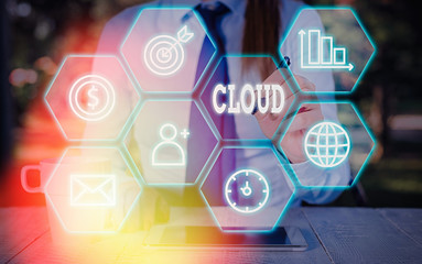Writing note showing Cloud. Business concept for anything that involves delivering hosted services over the Internet