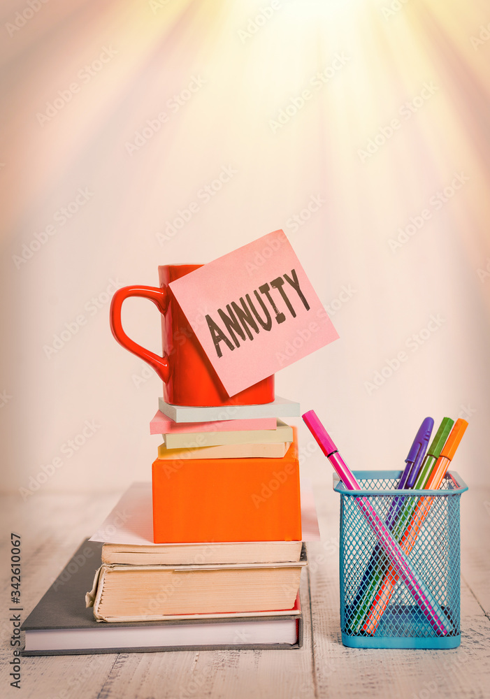 Poster writing note showing annuity. business concept for fixed sum of money paid to someone each year seri