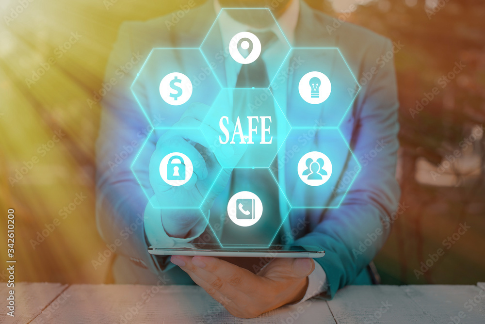 Poster conceptual hand writing showing safe. concept meaning protected from or not exposed to danger or ris