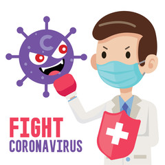 Fight coronavirus COVID-19. Doctor wearing surgical protective mask and holding shield to fight against cartoon virus character. Coronavirus outbreak. Flat vector illustration