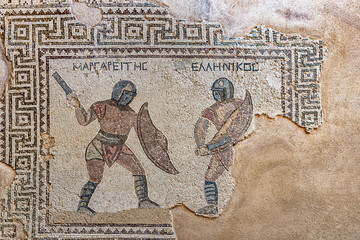 Mosaic of two gladiators, Margarites (left) and Hellenikos (right), late-3rd century CE, House of the Gladiators, Kourion (Cyprus)