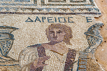 Mosaic portrait of the referee of gladiatorial tournaments, end of the 3rd century AD, House of gladiators. Kourion. (Cypus). Caption: Name of referee - Darios