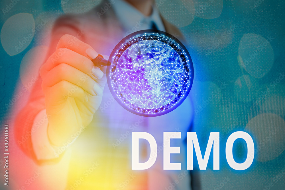 Poster writing note showing demo. business concept for demonstration of a product techniques and capabiliti
