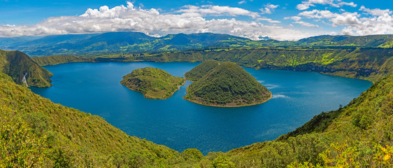 Panorama of Cuicocha Lake along the hike, Otavalo, north of Quito, Ecuador.