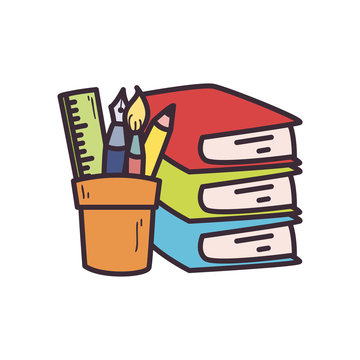 School books pencil pen paint brush and ruler inside mug fill style icon vector design