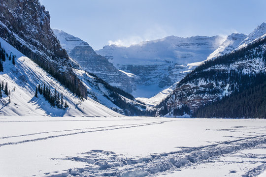 Rocky Mountains Around Frozen Lake Louise Winter Wonderland.