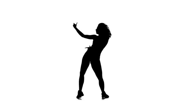 black silhouette on a white background, young beautiful girl performing energetic dancehall, street dance, latin dance, slow motion