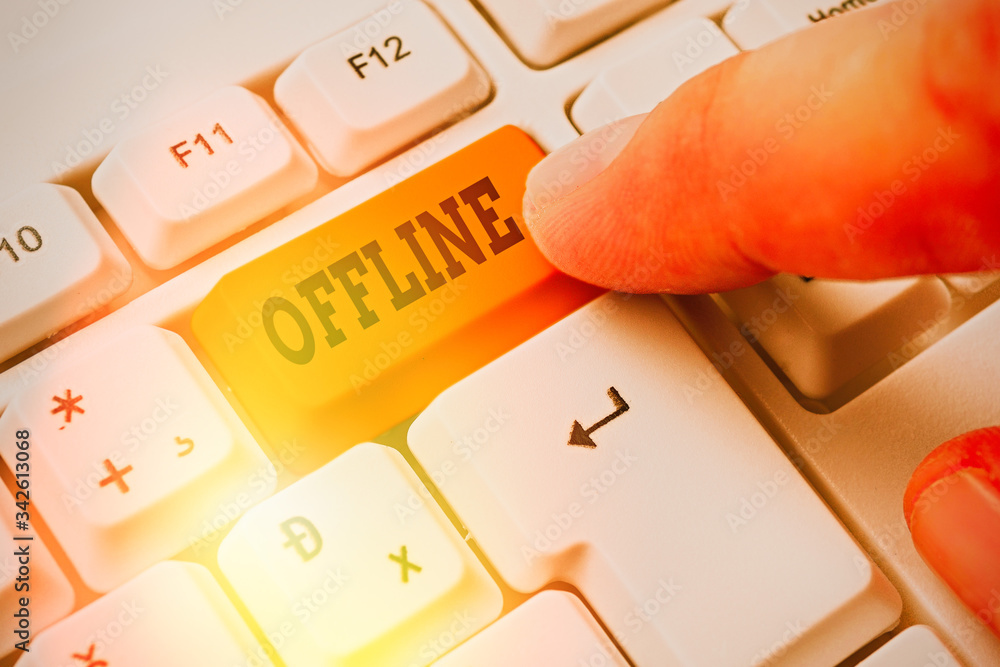 Poster word writing text offline. business photo showcasing not having directly connected to a computer or 