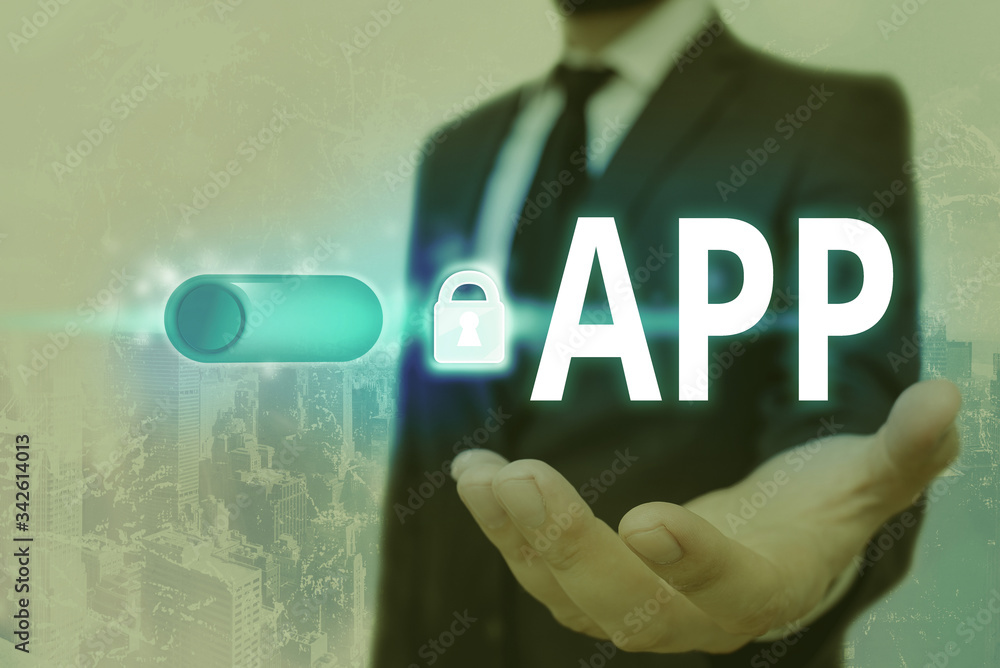 Aufkleber Text sign showing App. Business photo text Computer program Download software by a user to a mobile device
