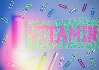 Text sign showing Vitamin. Business photo showcasing group of organic compounds which are essential...