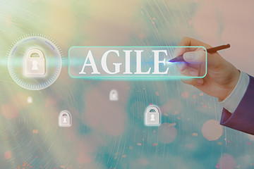 Writing note showing Agile. Business concept for particular approach to project management that is...