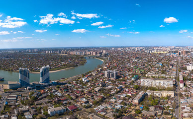 aerial drone view - old historical center of Krasnodar city (South of Russia) on a sunny April day - Kirova street, Kuban river