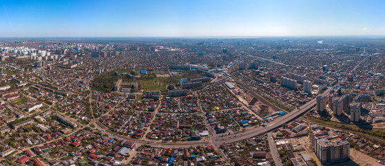 aerial drone view - old historic center of Krasnodar (South of Russia) on a sunny April day - long Sadovy Bridge