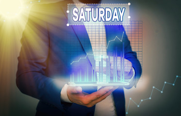 Conceptual hand writing showing Saturday. Concept meaning First day of the weekend Relaxing time...