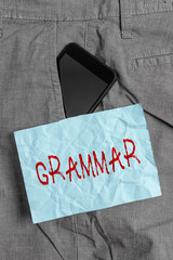 Text sign showing Grammar. Business photo text whole system and structure of a language or of...