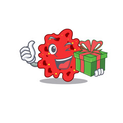 Smiling streptococcus pneumoniae cartoon character having a green gift box