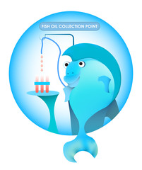 illustration. Merry blue fish gives out fish oil at the reception. Vitamins, Health Benefits. Vector