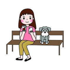 Vector of flat doodle illustration character design of the girl who has long hair and wear jeans pants, pink shirt and serve internet with mobile phone, drink apple juice and sit on brown bench with h